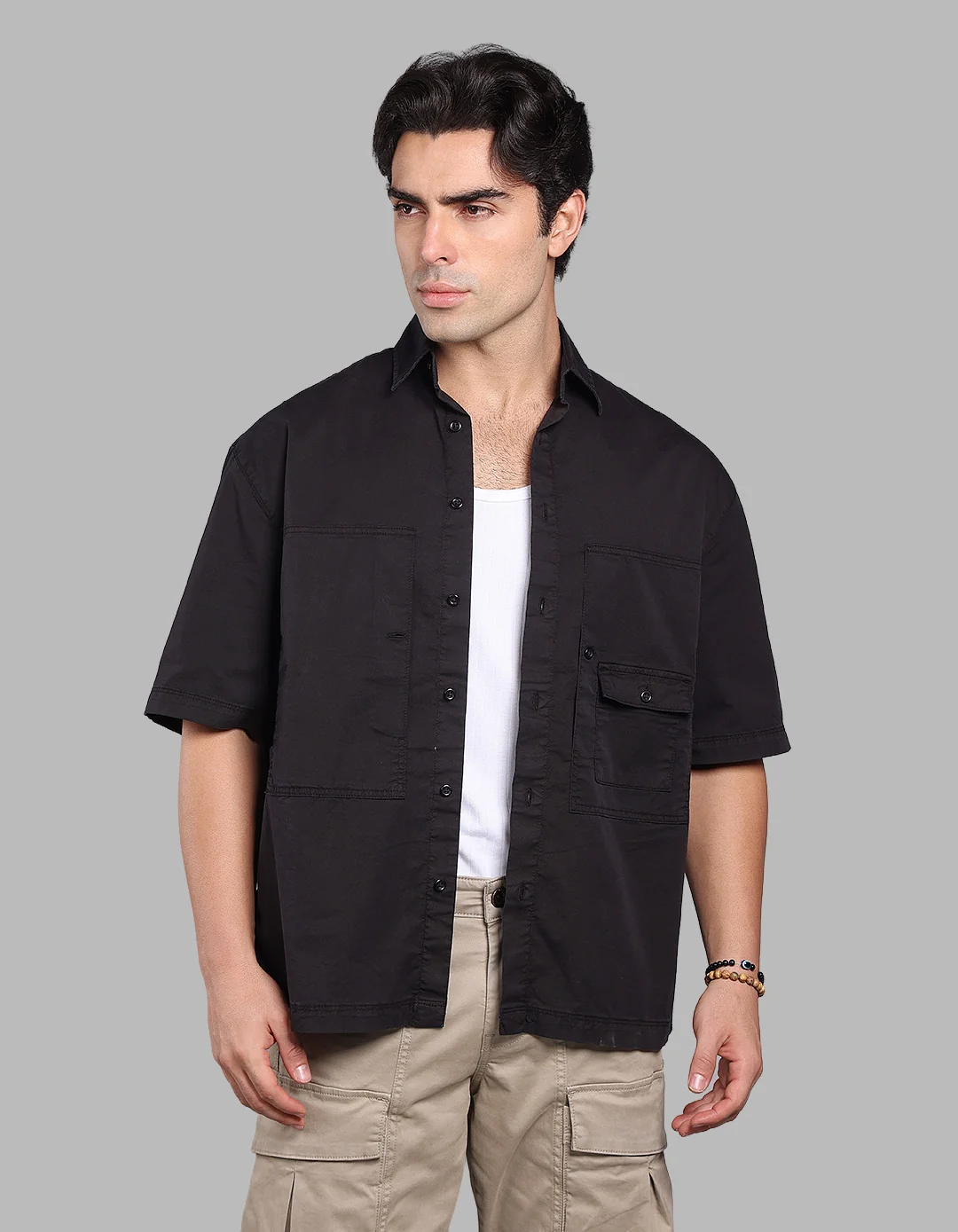 Jet Black Half Sleeve Oversized Stretch Cargo Shirt - Image 5