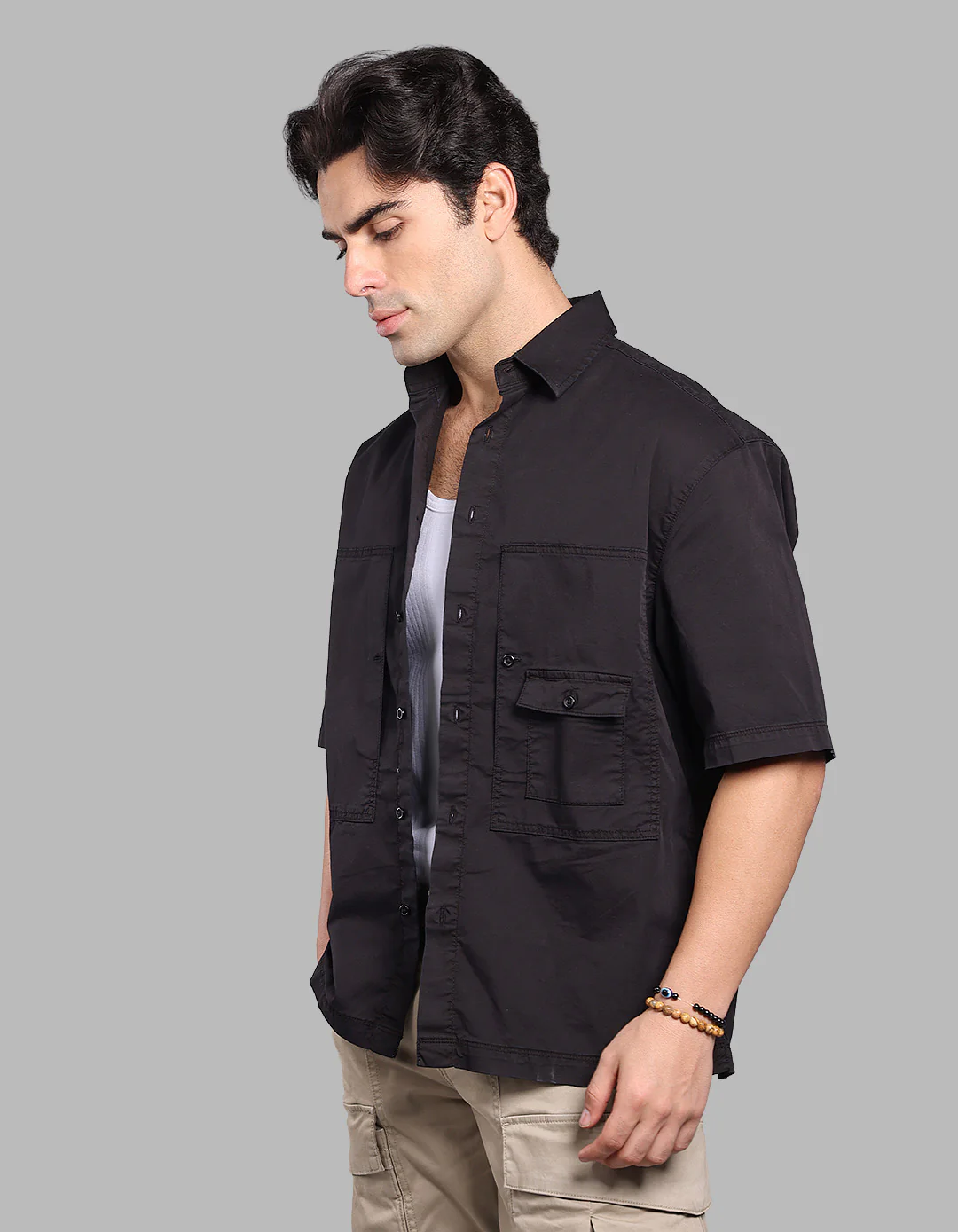 Jet Black Half Sleeve Oversized Stretch Cargo Shirt - Image 6