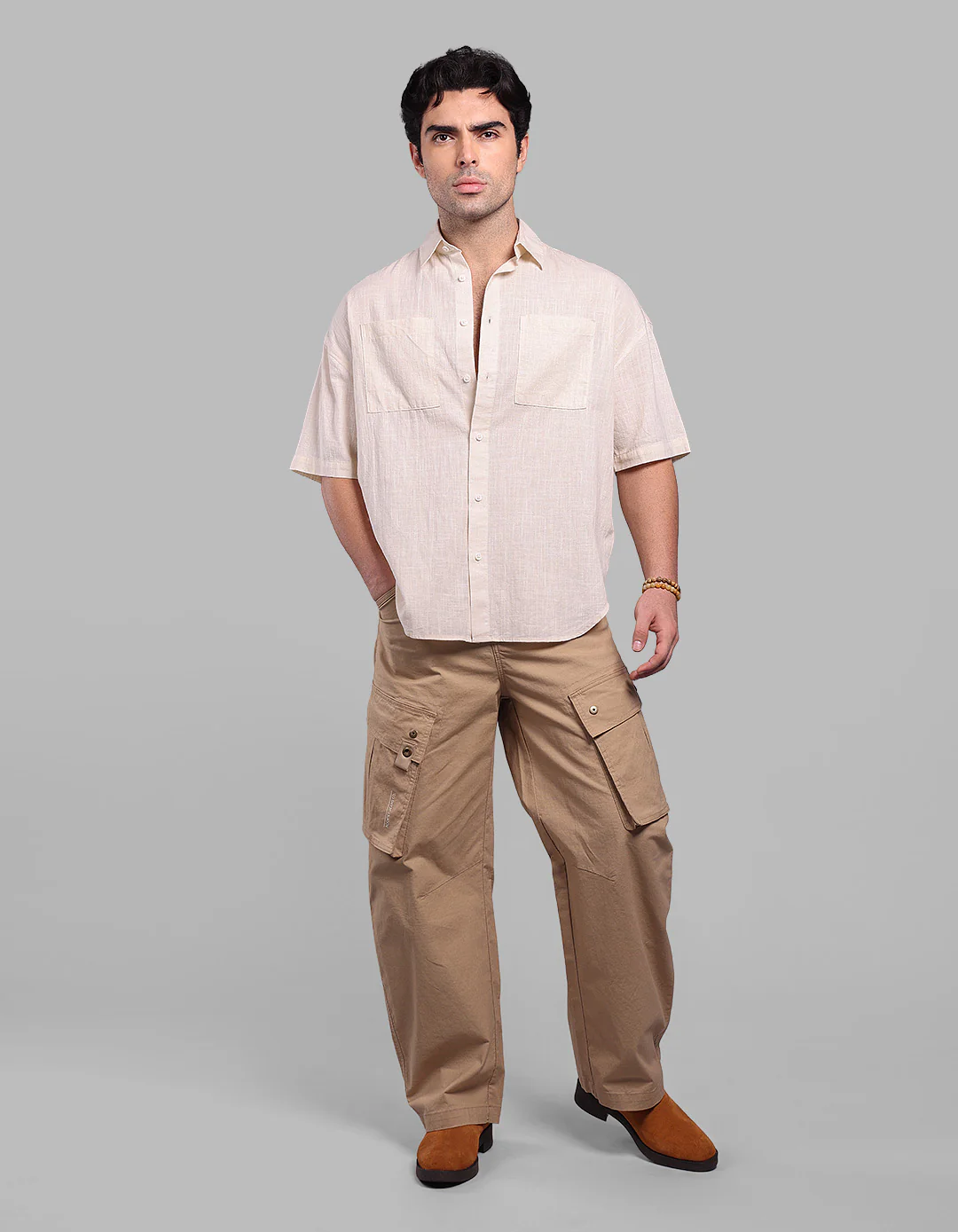 Khaki Balloon Fit Stretch Cargo Pants - Image 3