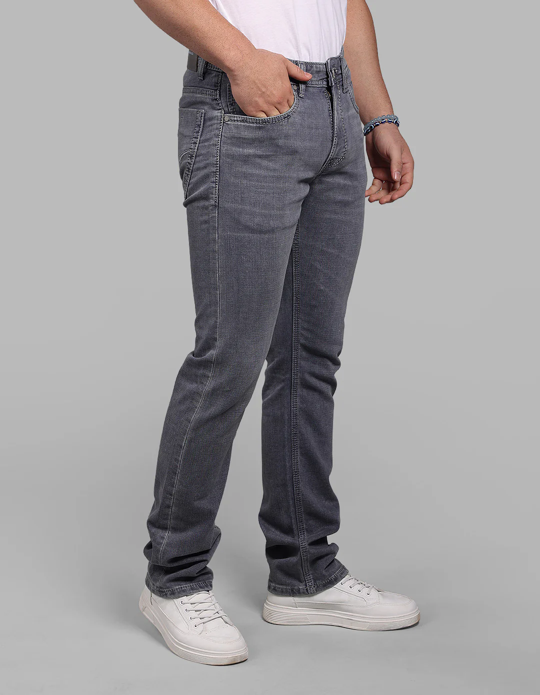 Light Grey Mid-Rise Slim Straight Fit Stretch Jeans - Image 3