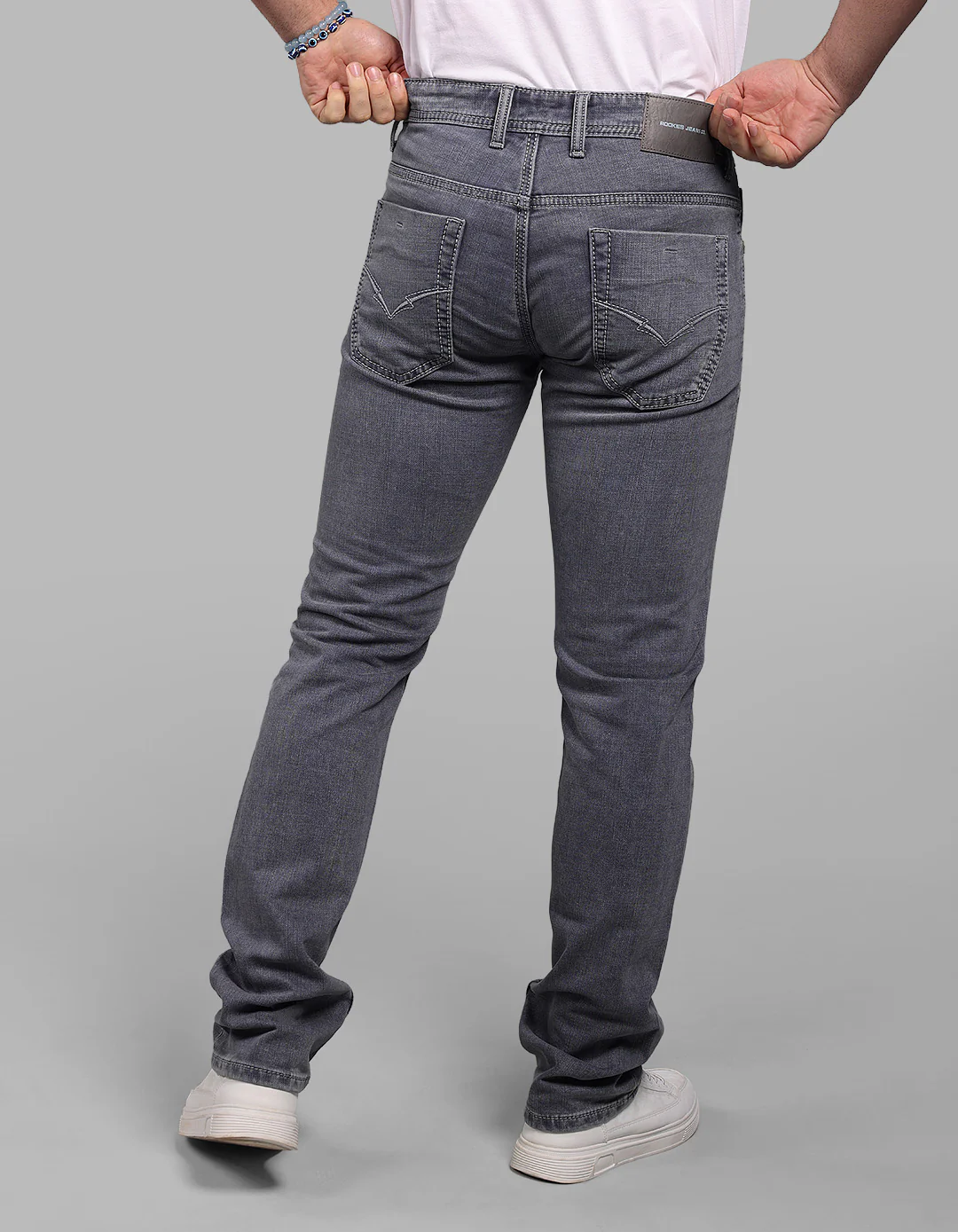 Light Grey Mid-Rise Slim Straight Fit Stretch Jeans - Image 4