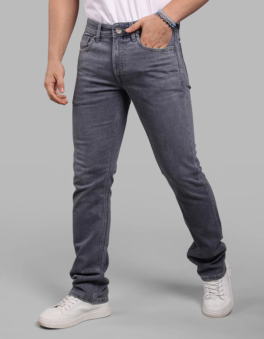 Light Grey Mid-Rise Slim Straight Fit Stretch Jeans - Image 5