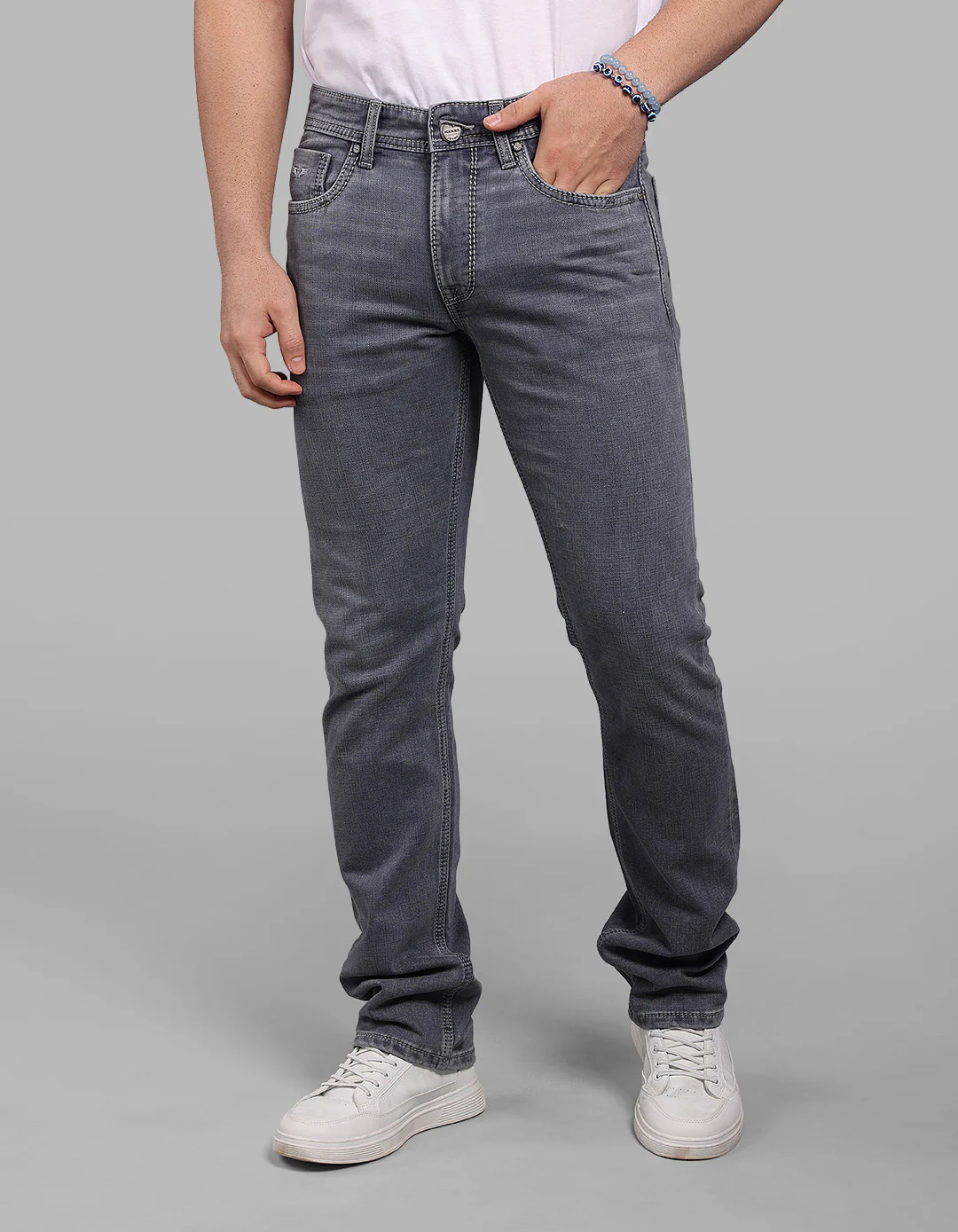 Light Grey Mid-Rise Slim Straight Fit Stretch Jeans - Image 6