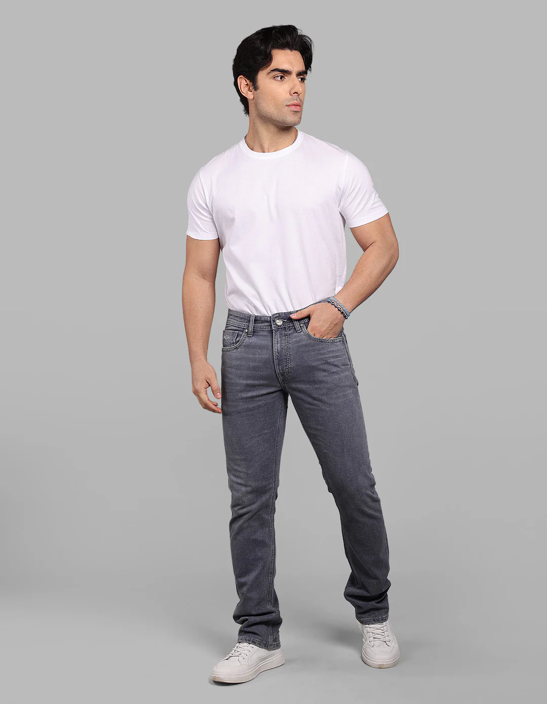 Light Grey Mid-Rise Slim Straight Fit Stretch Jeans - Image 7