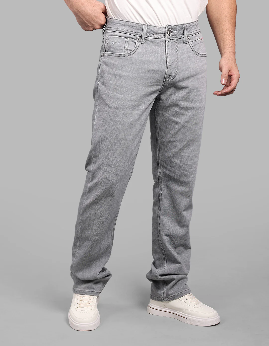 Light Grey Midrise, Comfort And Straight Fit Stretch Jeans