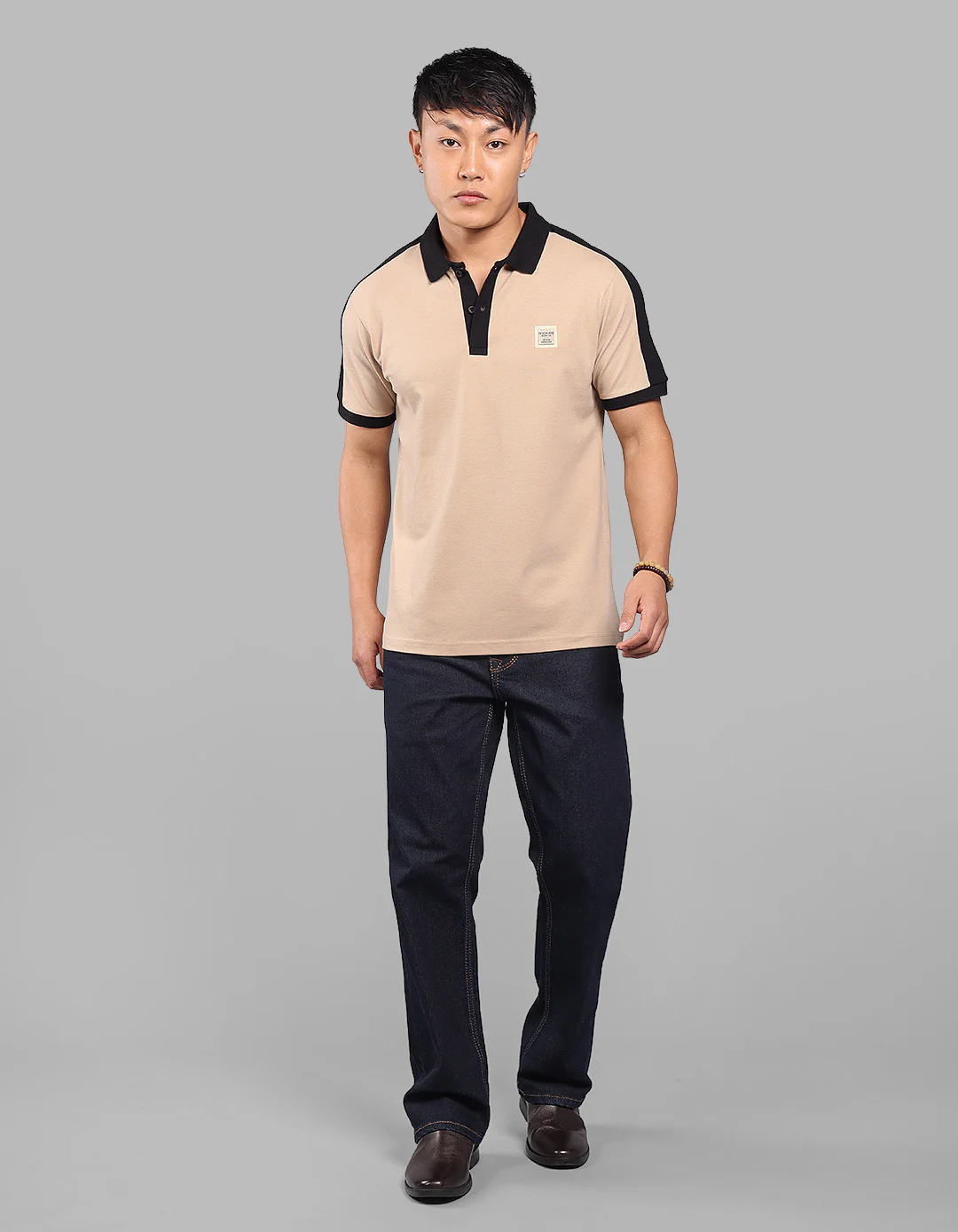 Light Khaki Black Half Sleeve Pique Polo Tee - Image 2