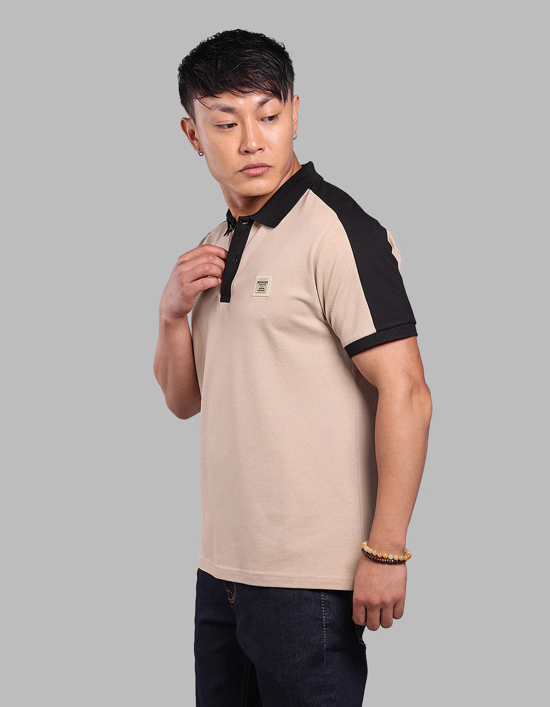 Light Khaki Black Half Sleeve Pique Polo Tee - Image 3