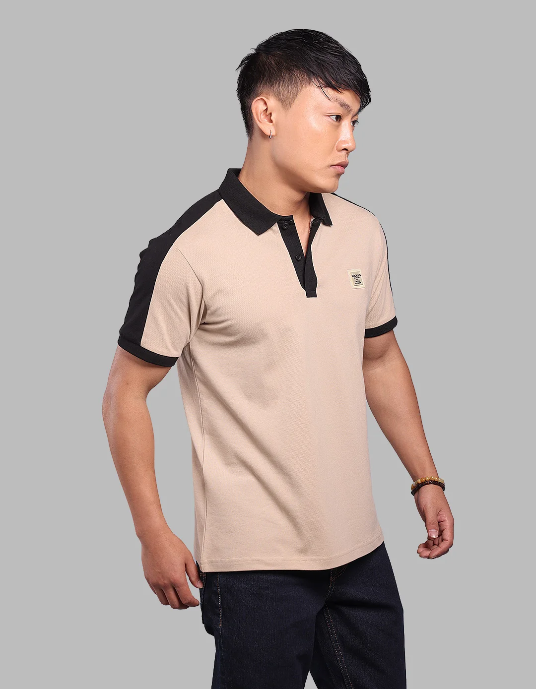 Light Khaki Black Half Sleeve Pique Polo Tee - Image 4
