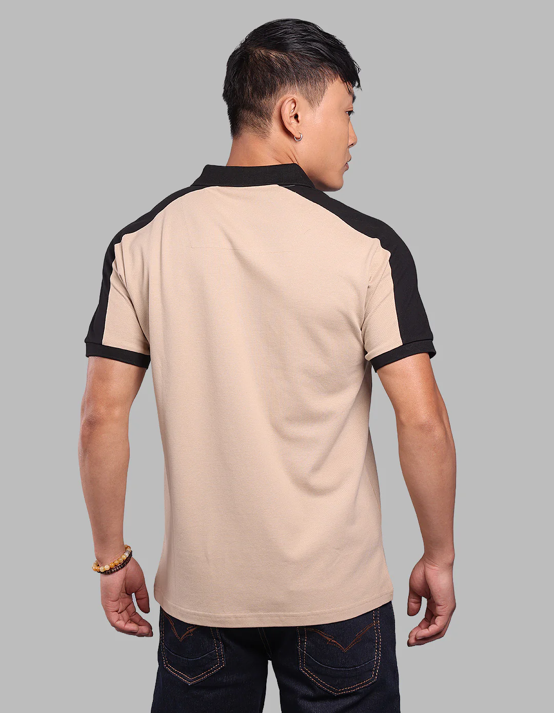 Light Khaki Black Half Sleeve Pique Polo Tee - Image 5