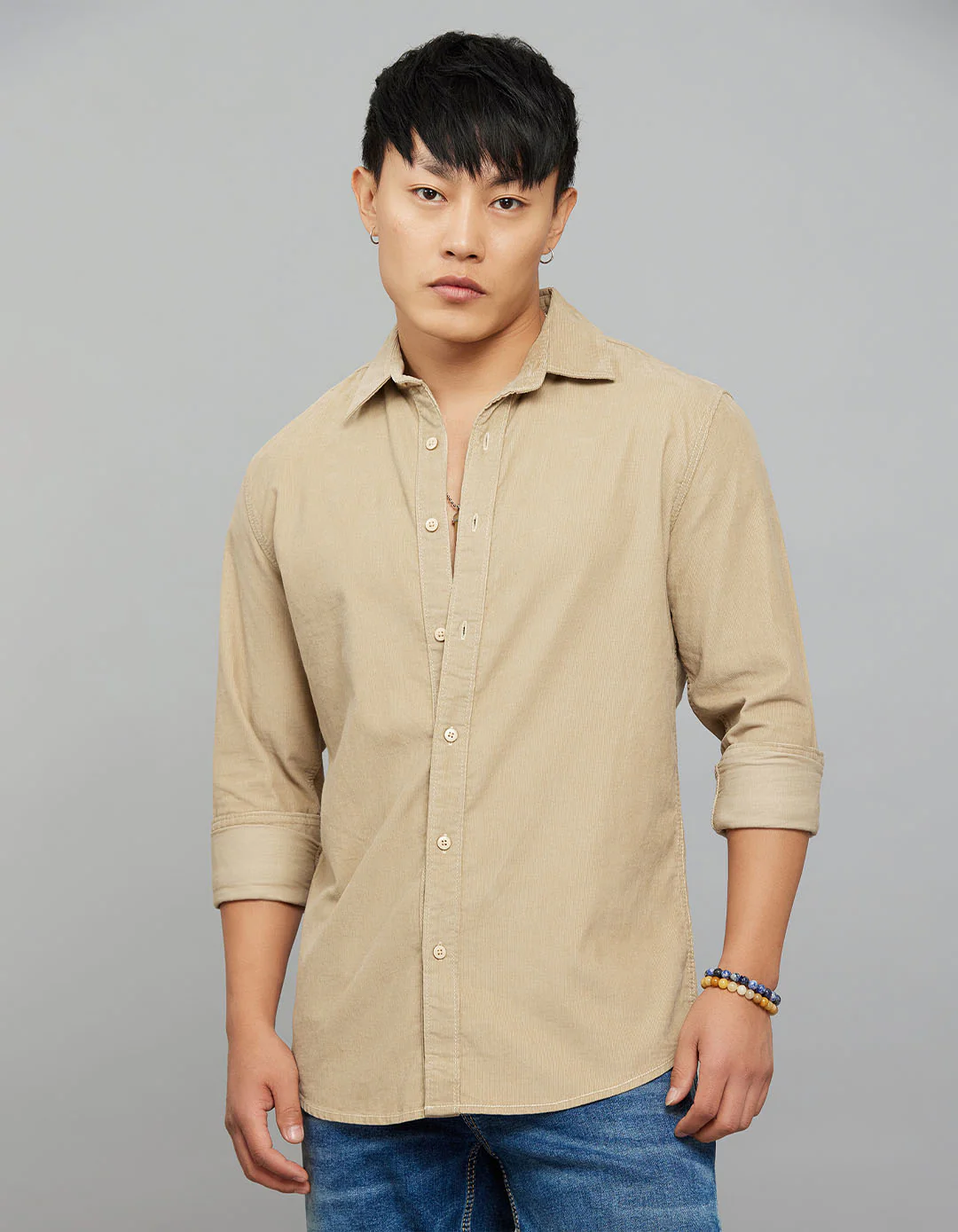Light Khaki 100% Cotton Full Sleeves Corduroy Shirt