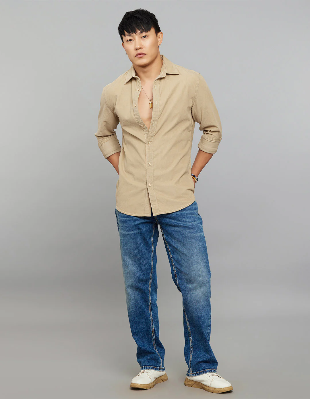 Light Khaki 100% Cotton Full Sleeves Corduroy Shirt - Image 2