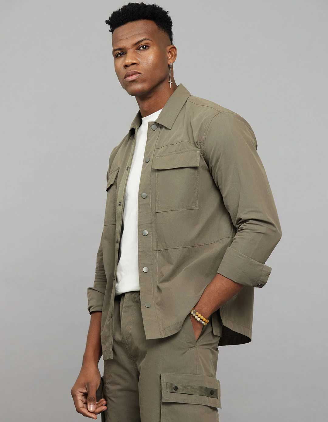 Light Olive Full Sleeves Snap Button Front Closure Shacket - Image 4