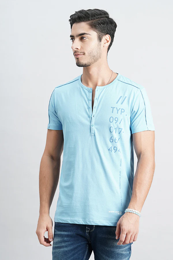 Light Blue Half Sleeve Henley Neck Tee