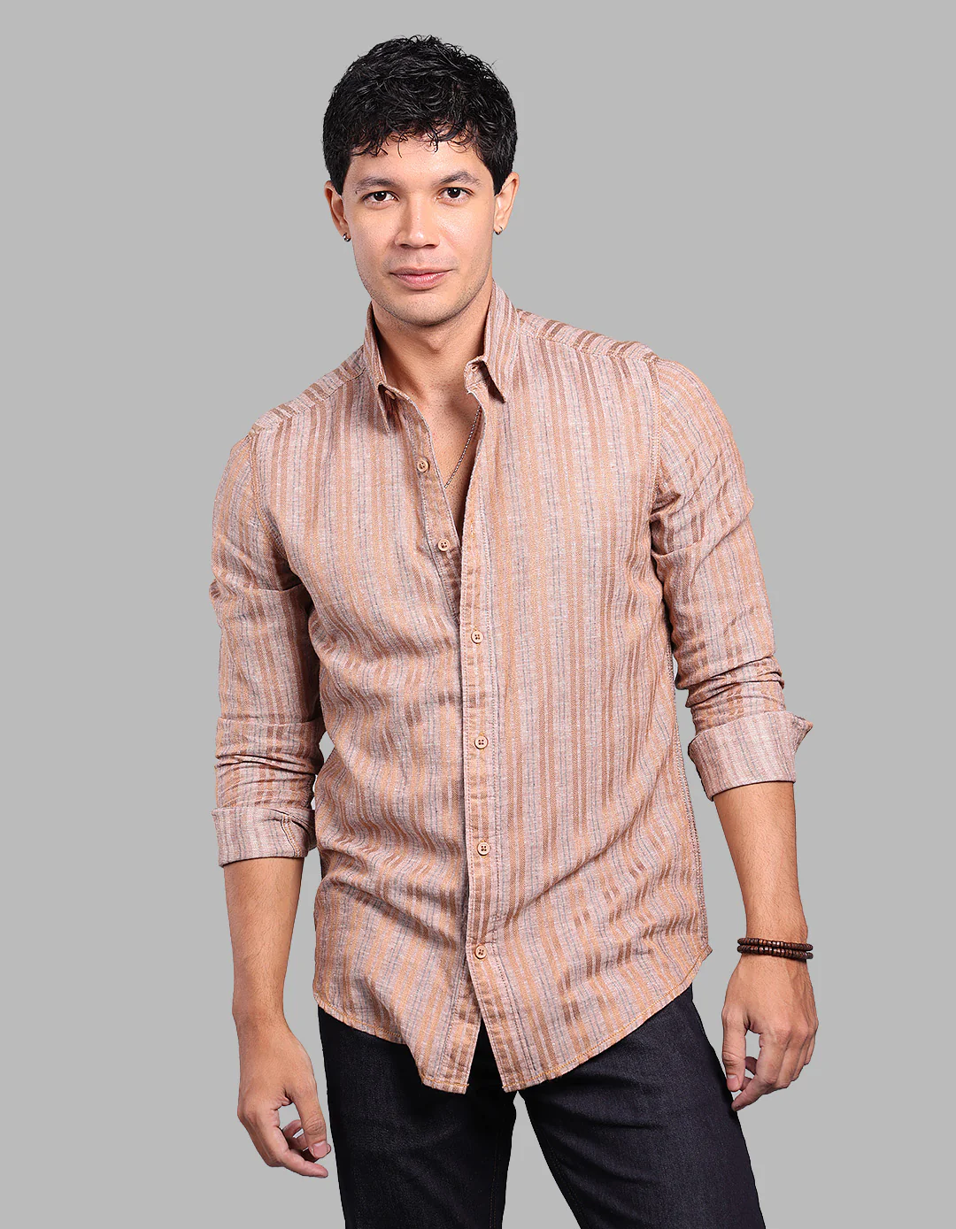 Light Brown Full Sleeve Linen Blend Stripe Shirt