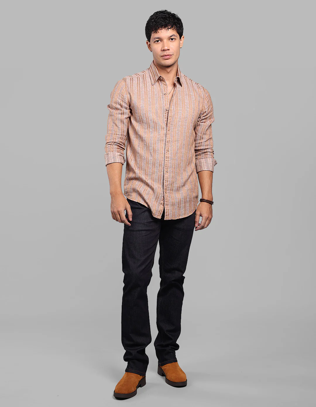 Light Brown Full Sleeve Linen Blend Stripe Shirt - Image 2