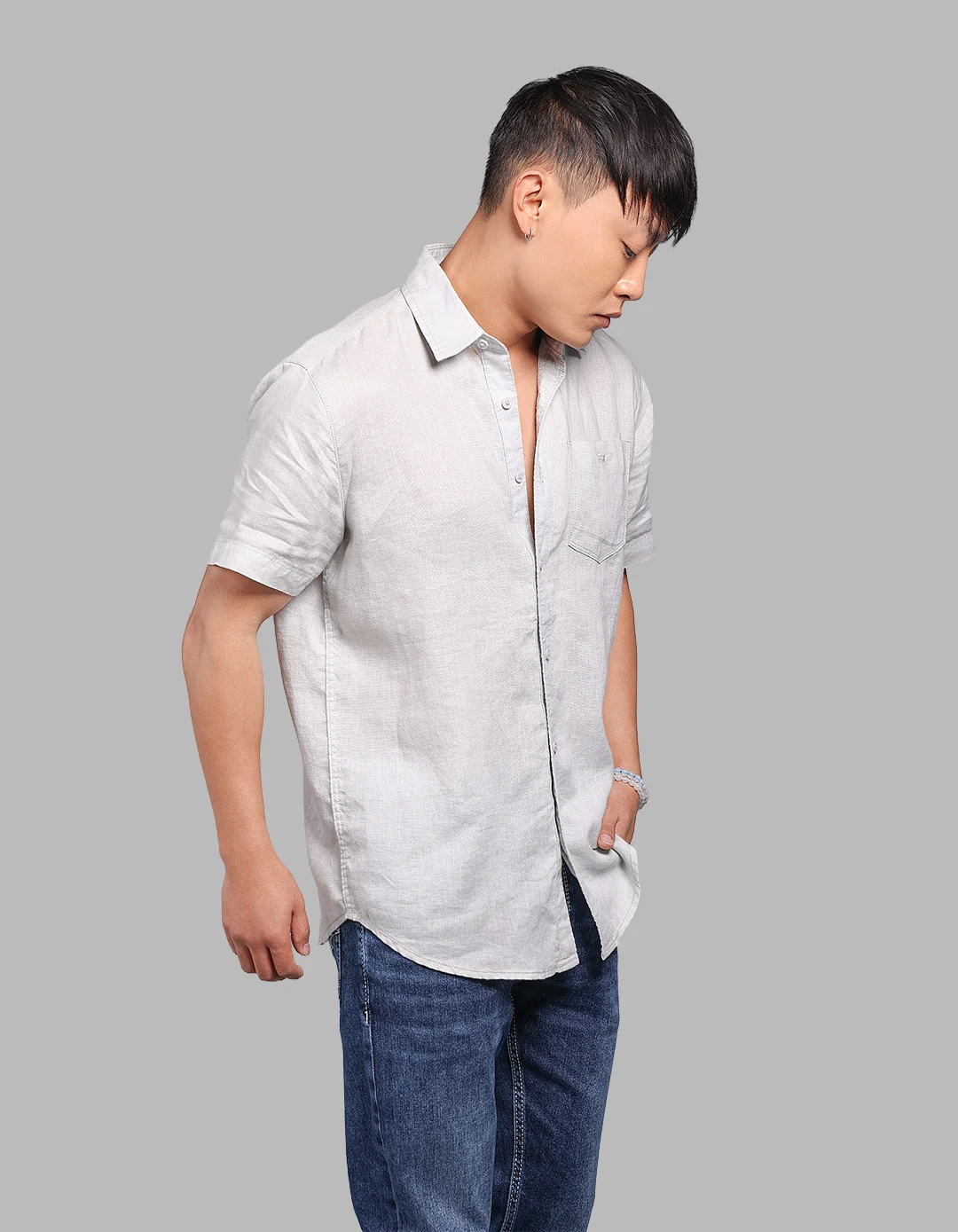 Light Grey Half Sleeve 100% Linen Shirt - Image 4