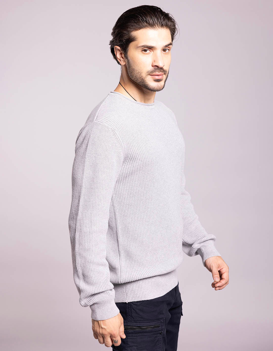 Light Grey Round Neck Pullover Sweater - Image 4