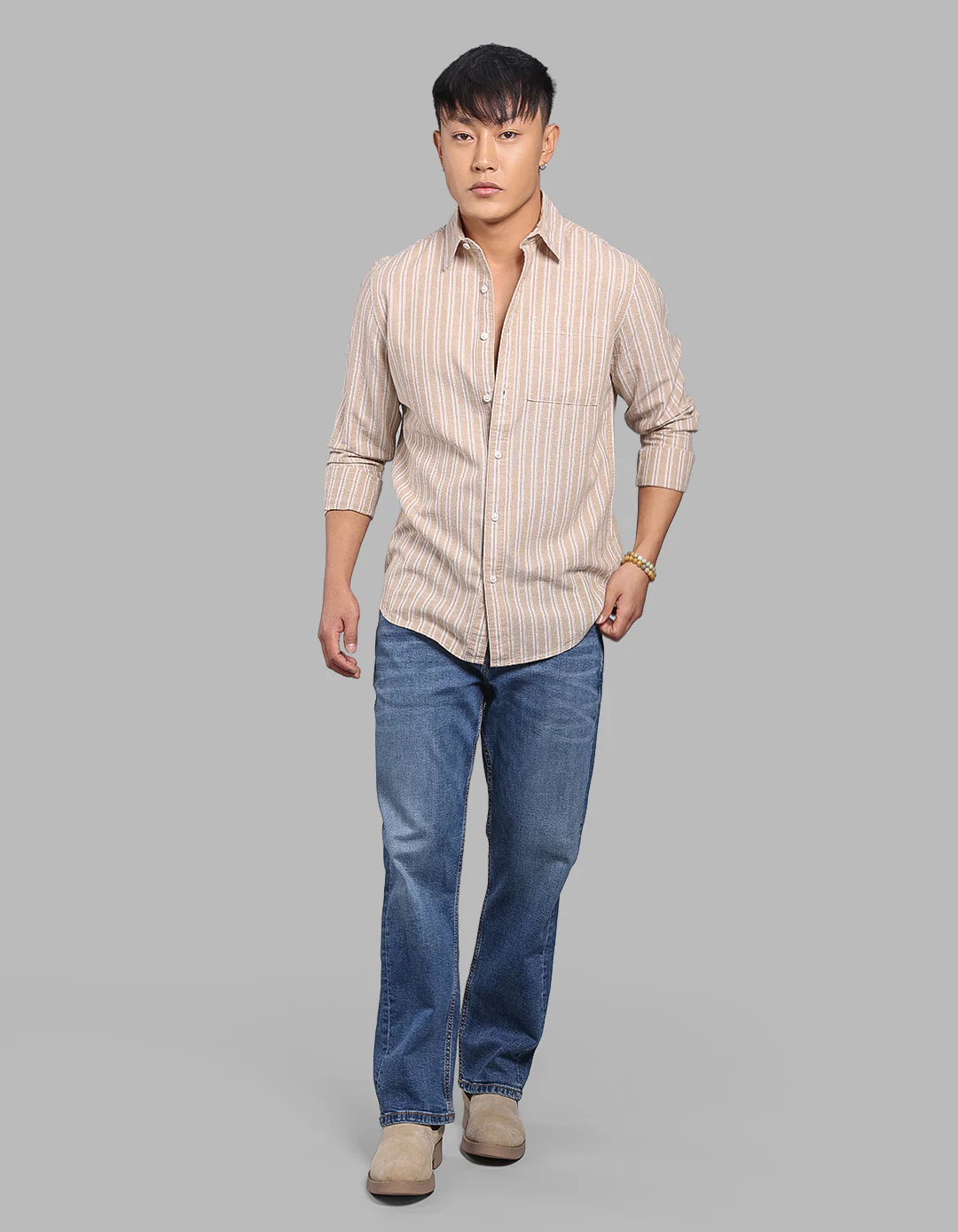 Light Khaki Full Sleeve Stripe Shirt - Image 2