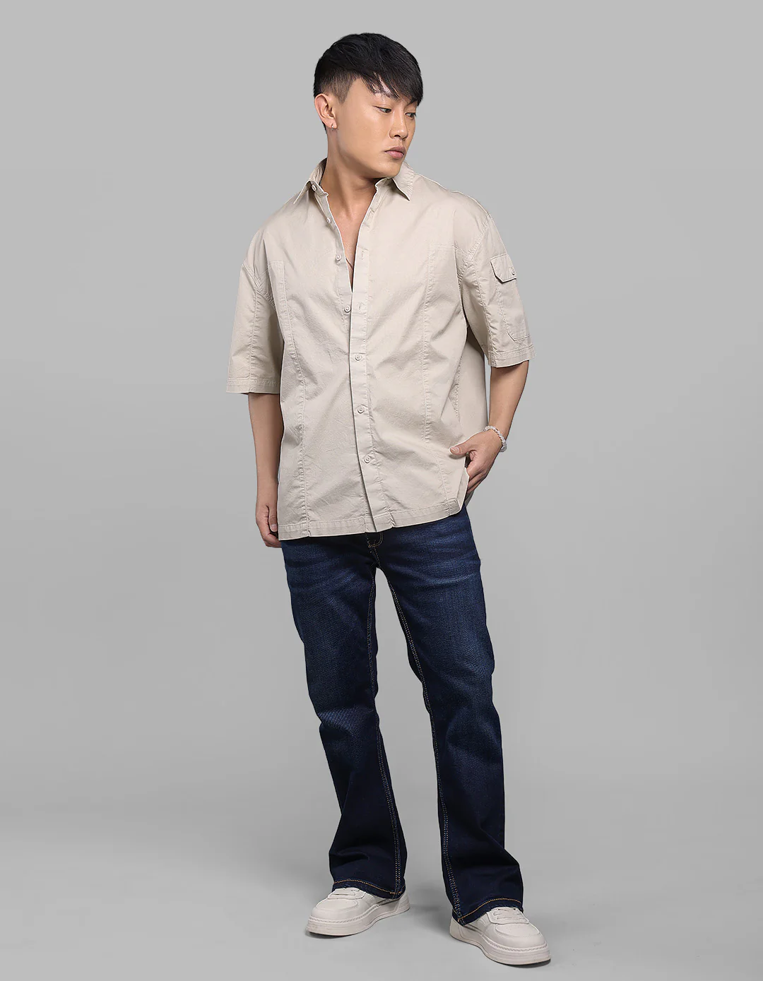 Light Moss Half Sleeve Oversized Stretch Cargo Shirt - Image 2