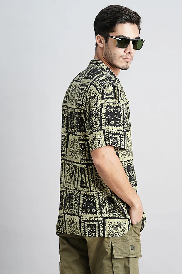 Light Olive Black Half Sleeve Printed Shirt - Image 4