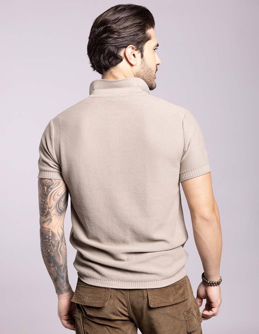 Light Olive Half Sleeves Flatknit Polo Tee - Image 3