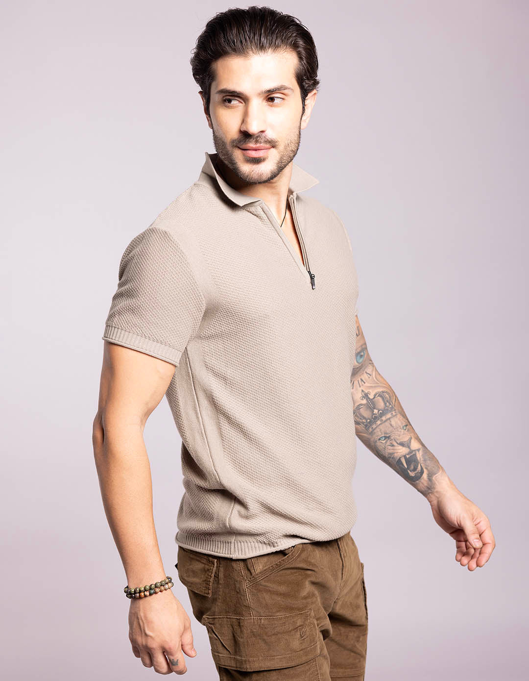 Light Olive Half Sleeves Flatknit Polo Tee - Image 4