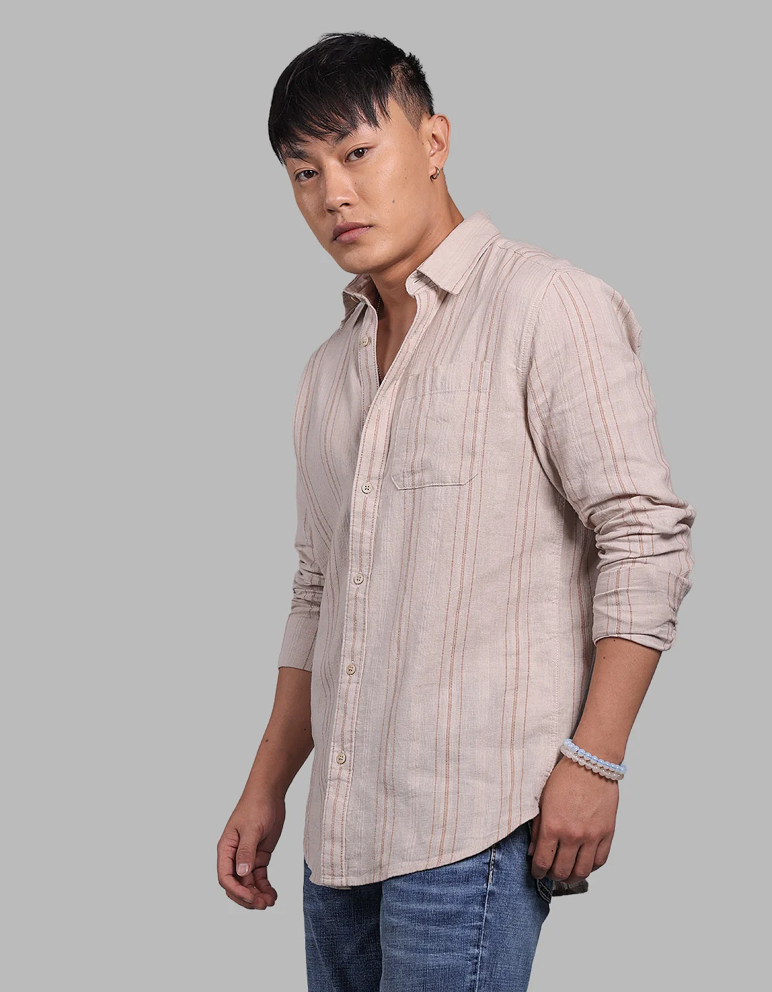 Light Sand Full Sleeve Linen Blend Stripe Shirt - Image 3