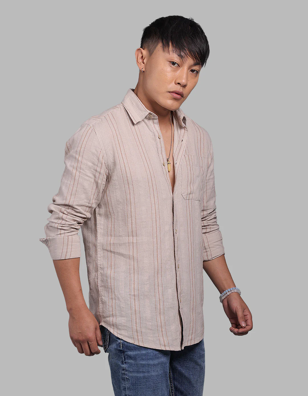 Light Sand Full Sleeve Linen Blend Stripe Shirt - Image 4