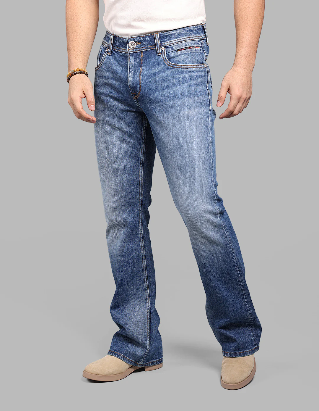 Med Blue Mid Rise Cropped Length Loose Boot Leg Stretch Jeans - Image 3