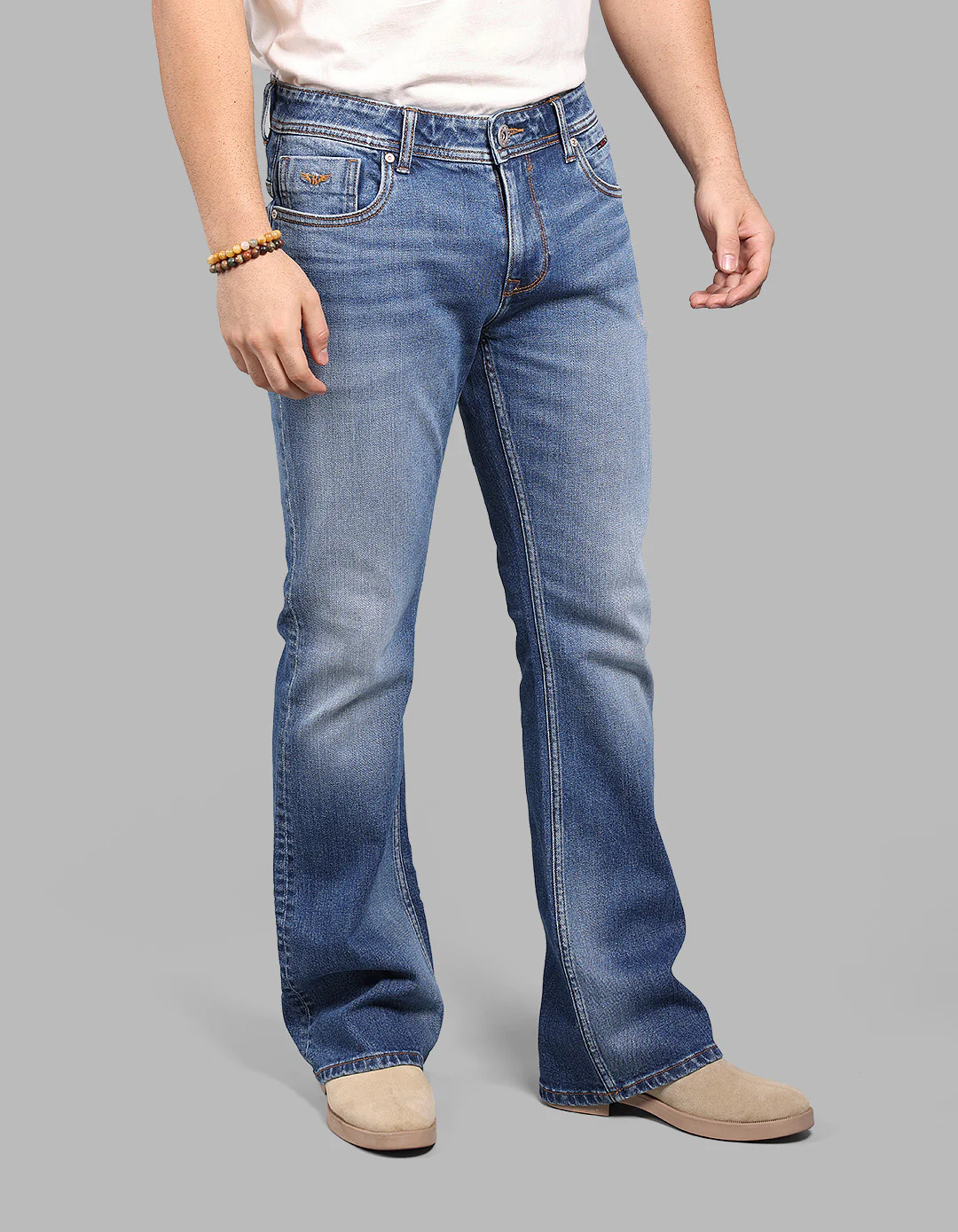 Med Blue Mid Rise Cropped Length Loose Boot Leg Stretch Jeans - Image 4