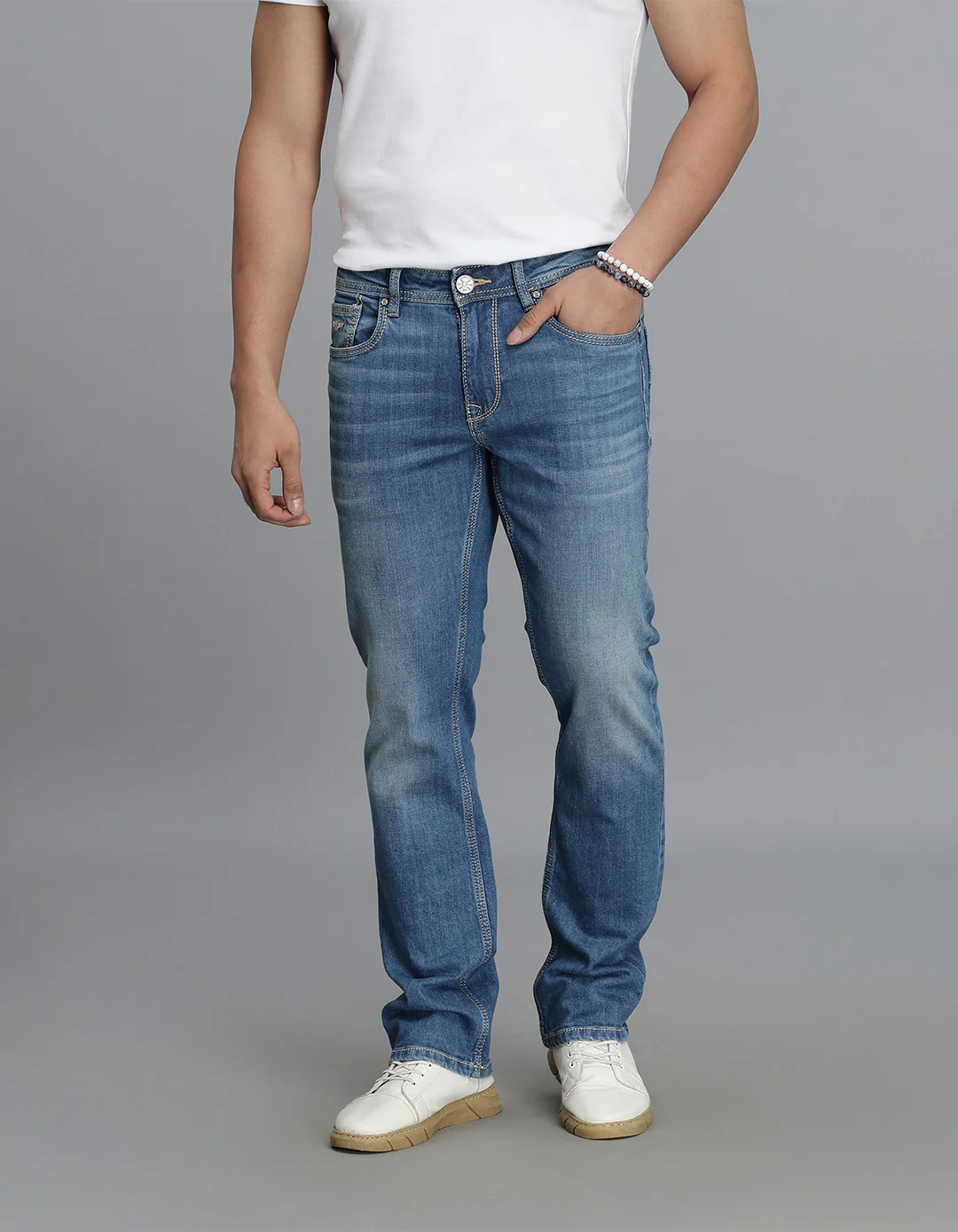 Med Blue Mid Rise Loose Boot Leg jeans