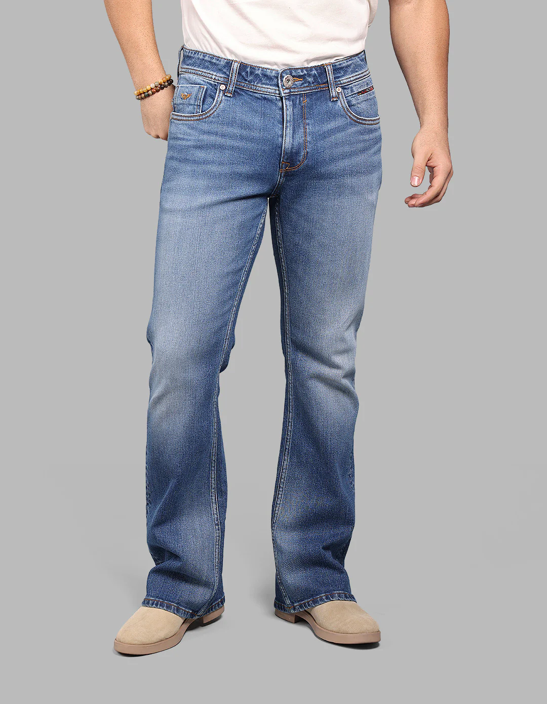 Med Blue Mid Rise Loose Boot Leg Stretch Jeans