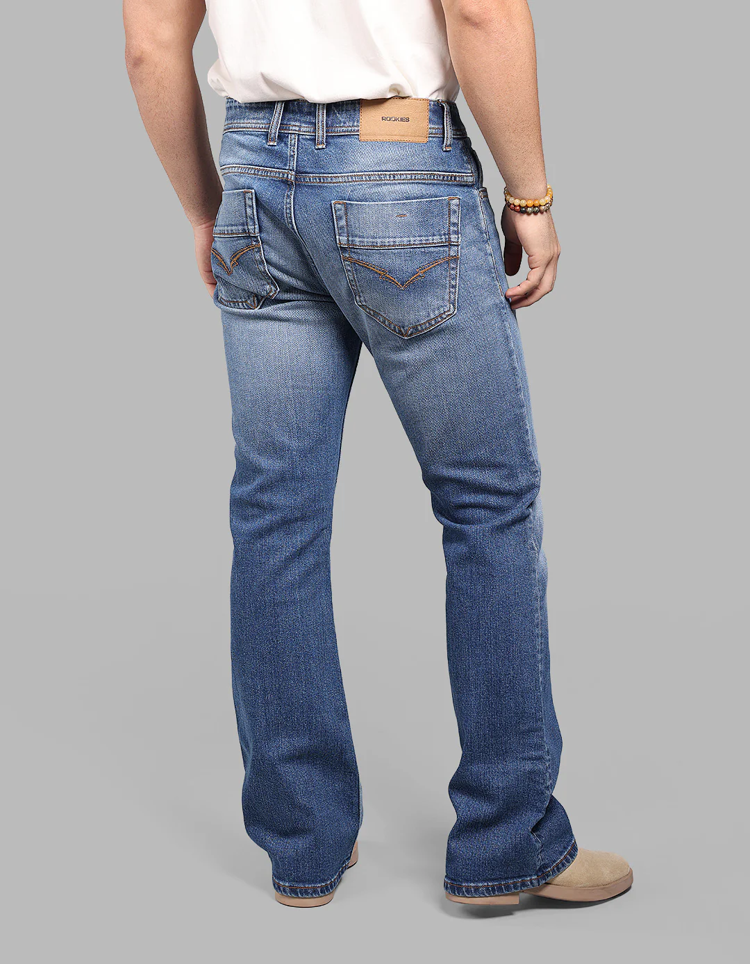Med Blue Mid Rise Loose Boot Leg Stretch Jeans - Image 6