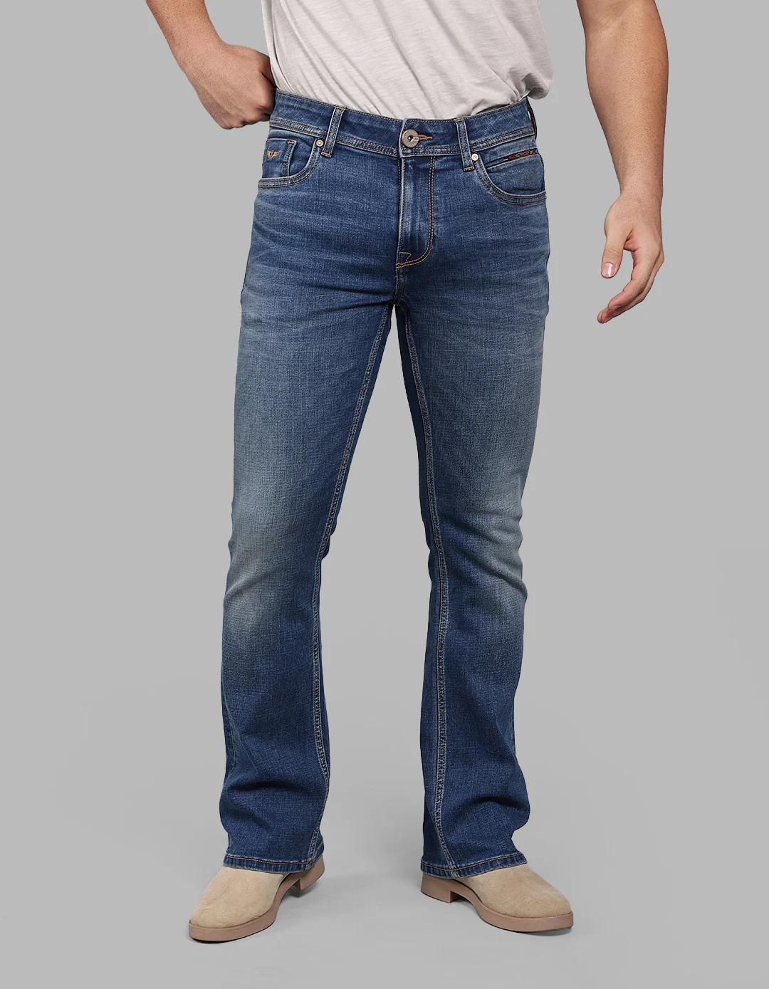 Med Blue Mid Rise Loose Boot Leg Stretch Jeans