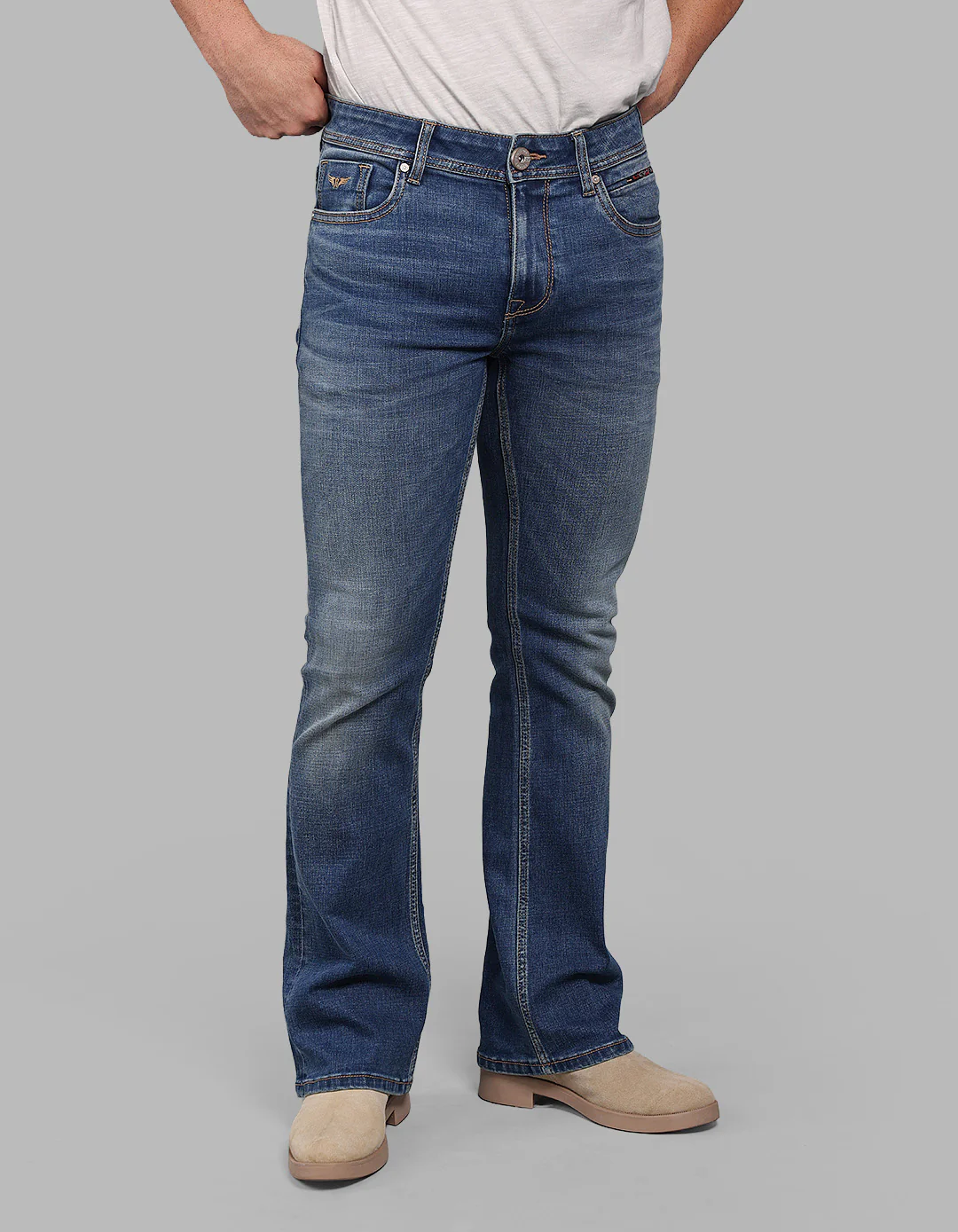 Med Blue Mid Rise Loose Boot Leg Stretch Jeans - Image 3