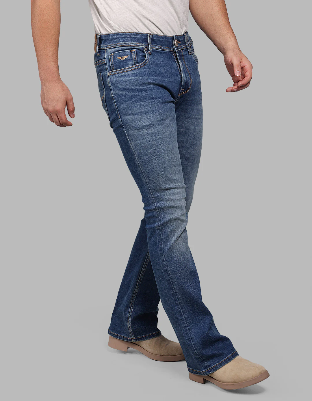 Med Blue Mid Rise Loose Boot Leg Stretch Jeans - Image 7