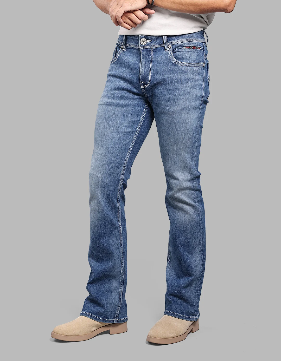 Med Blue Mid Rise Loose Boot Leg Stretch Jeans - Image 3
