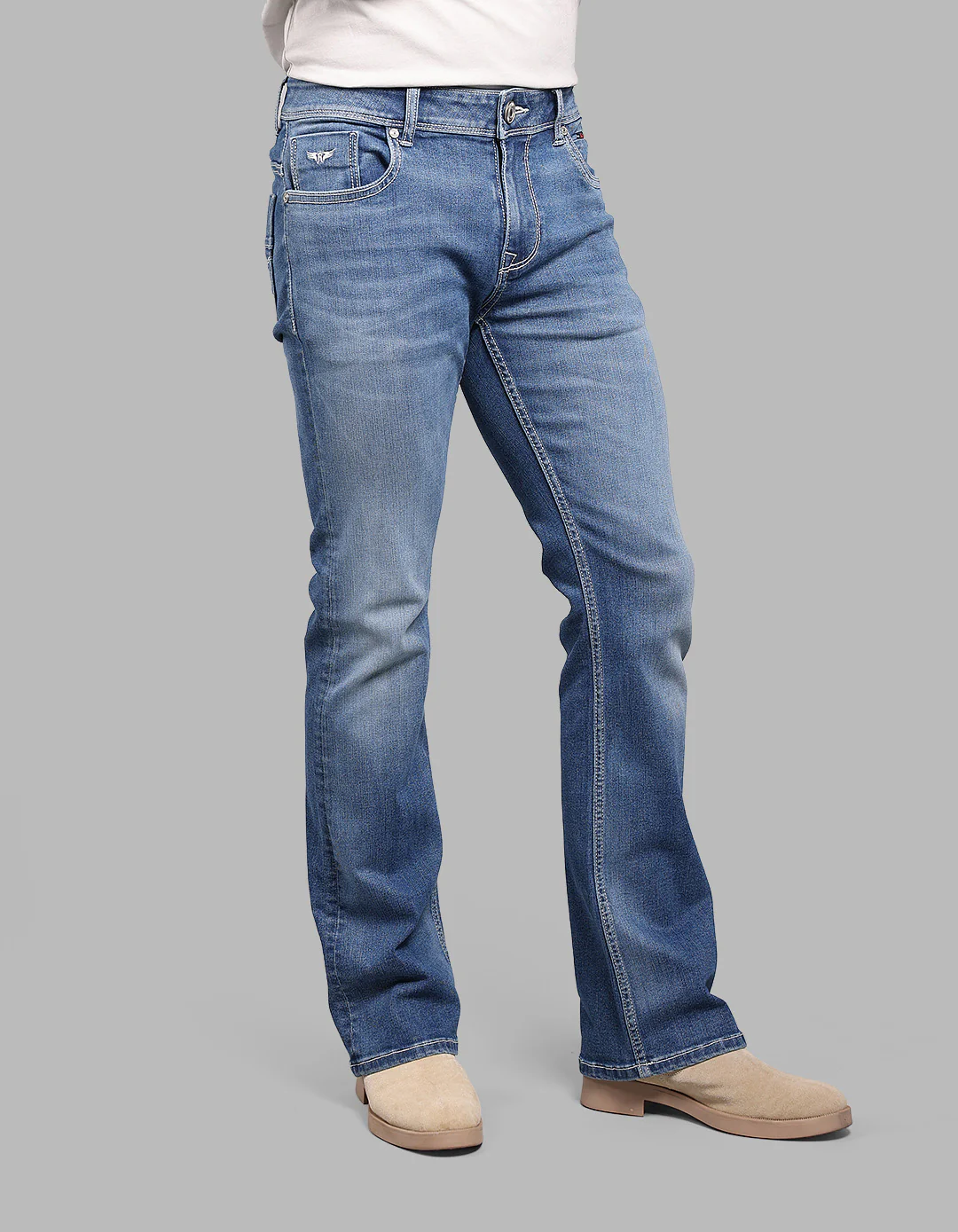 Med Blue Mid Rise Loose Boot Leg Stretch Jeans - Image 4