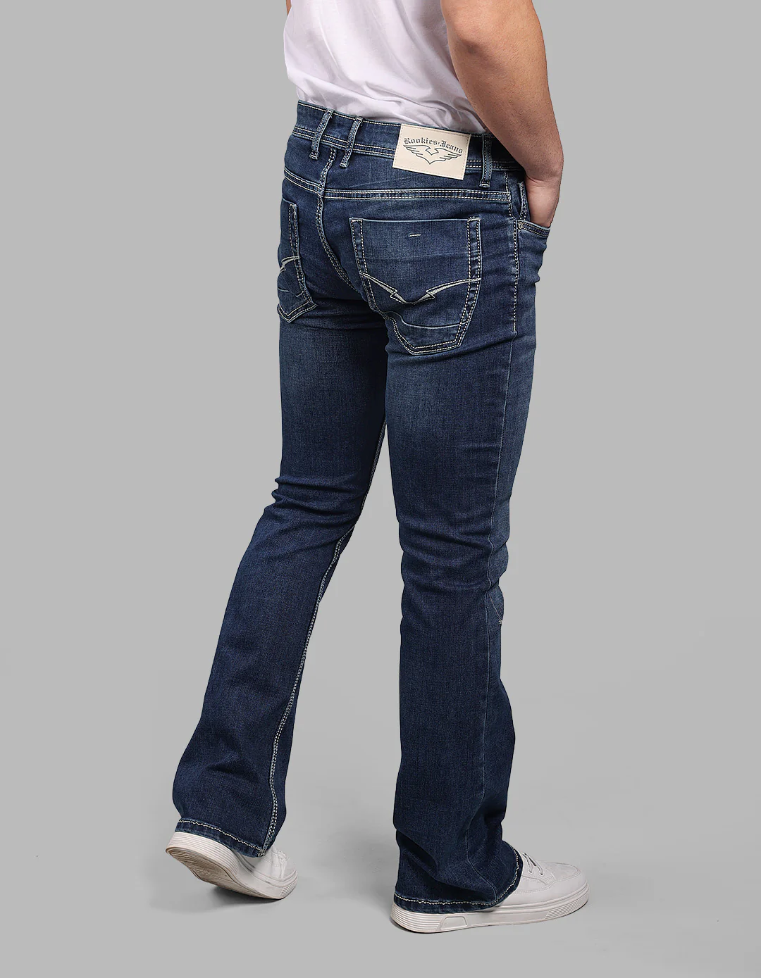 Med Blue Mid Rise Loose Boot Leg Stretch Jeans - Image 6