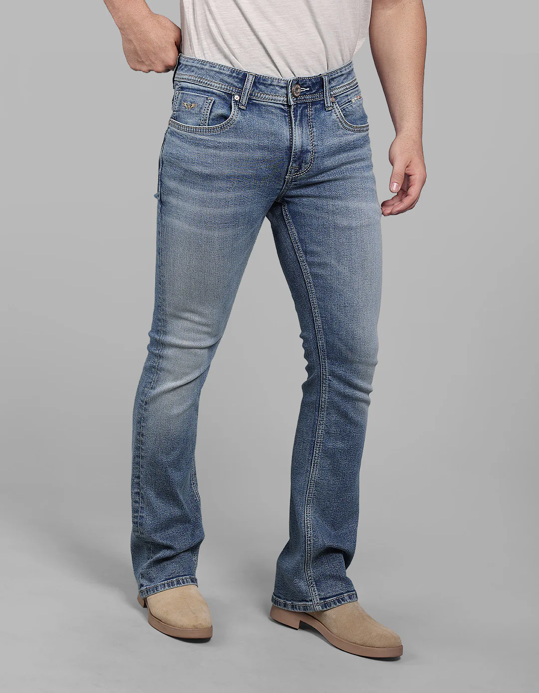 Med Blue Mid Rise Loose Boot Leg Stretch Jeans - Image 5