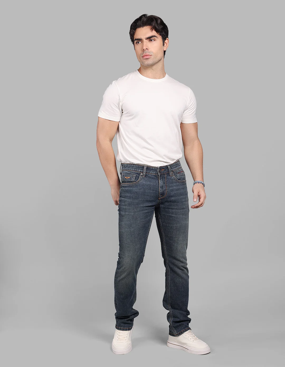 Med Blue Mid-Rise Slim Straight Fit Stretch Jeans