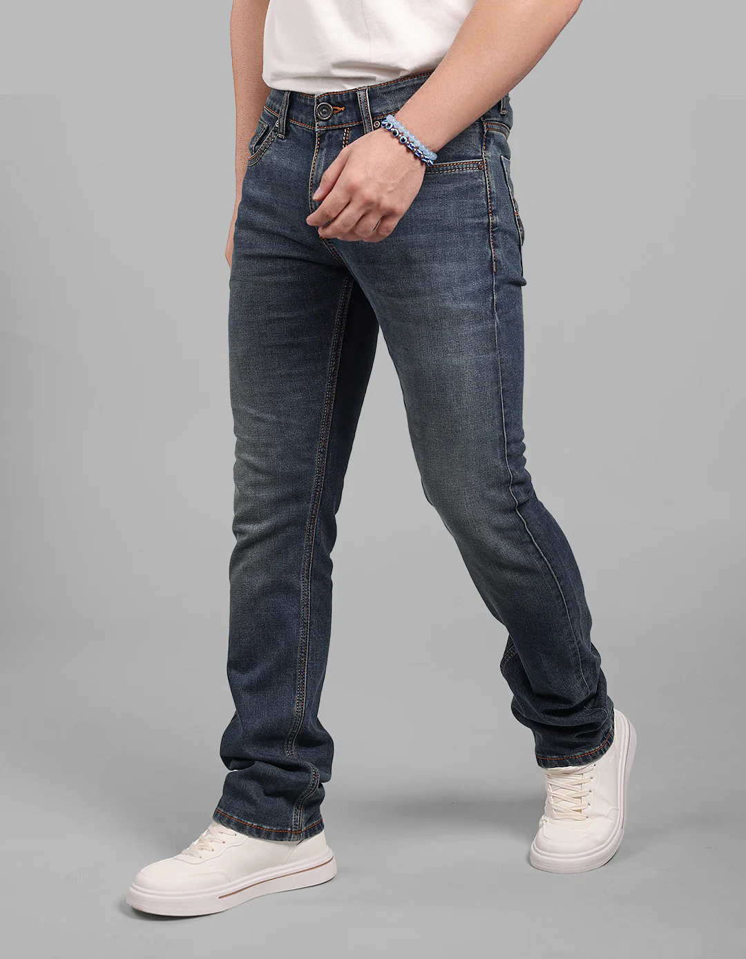 Med Blue Mid-Rise Slim Straight Fit Stretch Jeans - Image 3