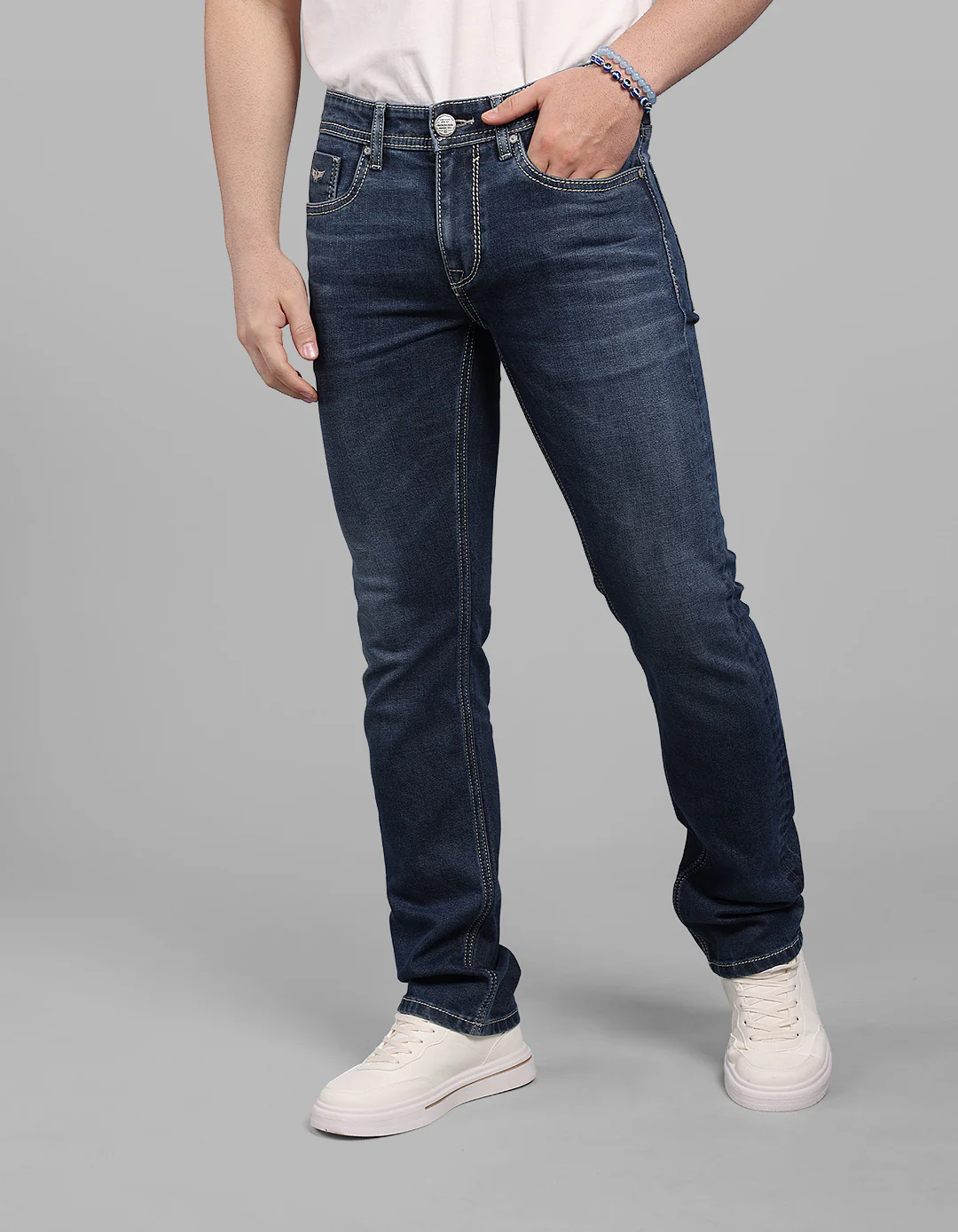Med Blue Mid-Rise Slim Straight Fit Stretch Jeans