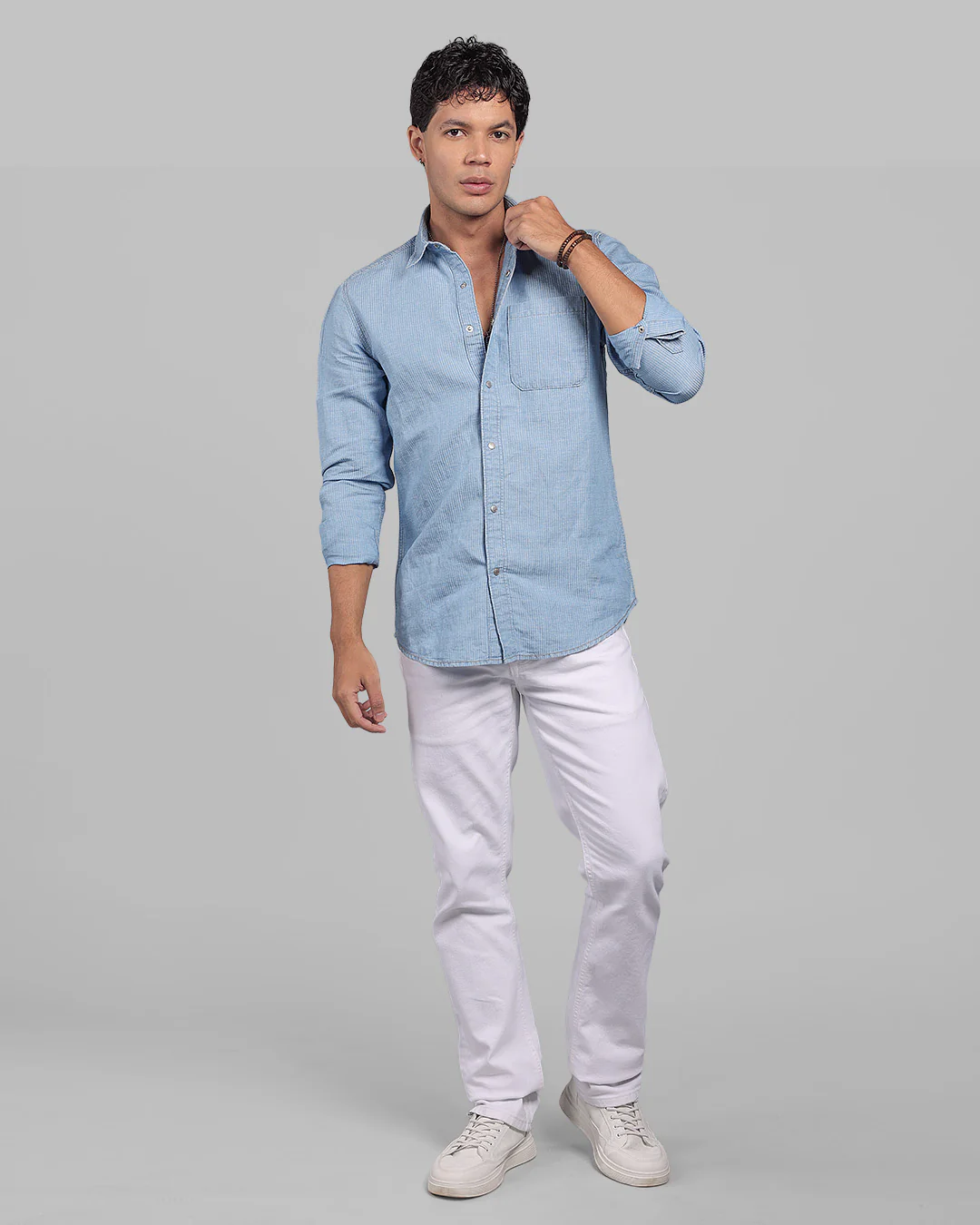 Med Blue Full Sleeve Linen Blend Denim Shirt - Image 3
