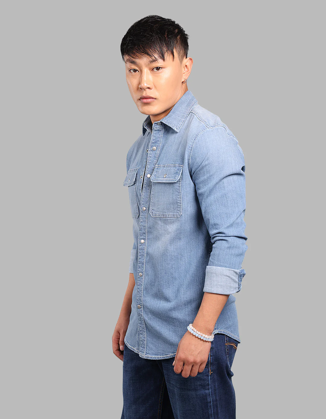 Med Blue Full Sleeve Stretch Denim Shirt - Image 3