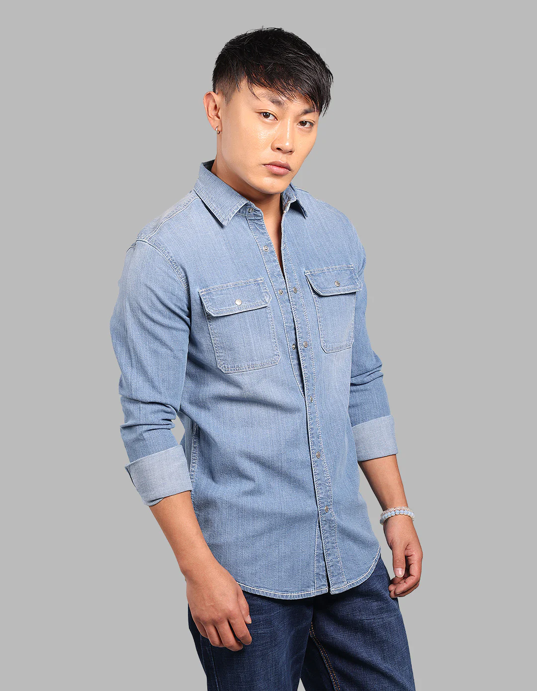 Med Blue Full Sleeve Stretch Denim Shirt - Image 4