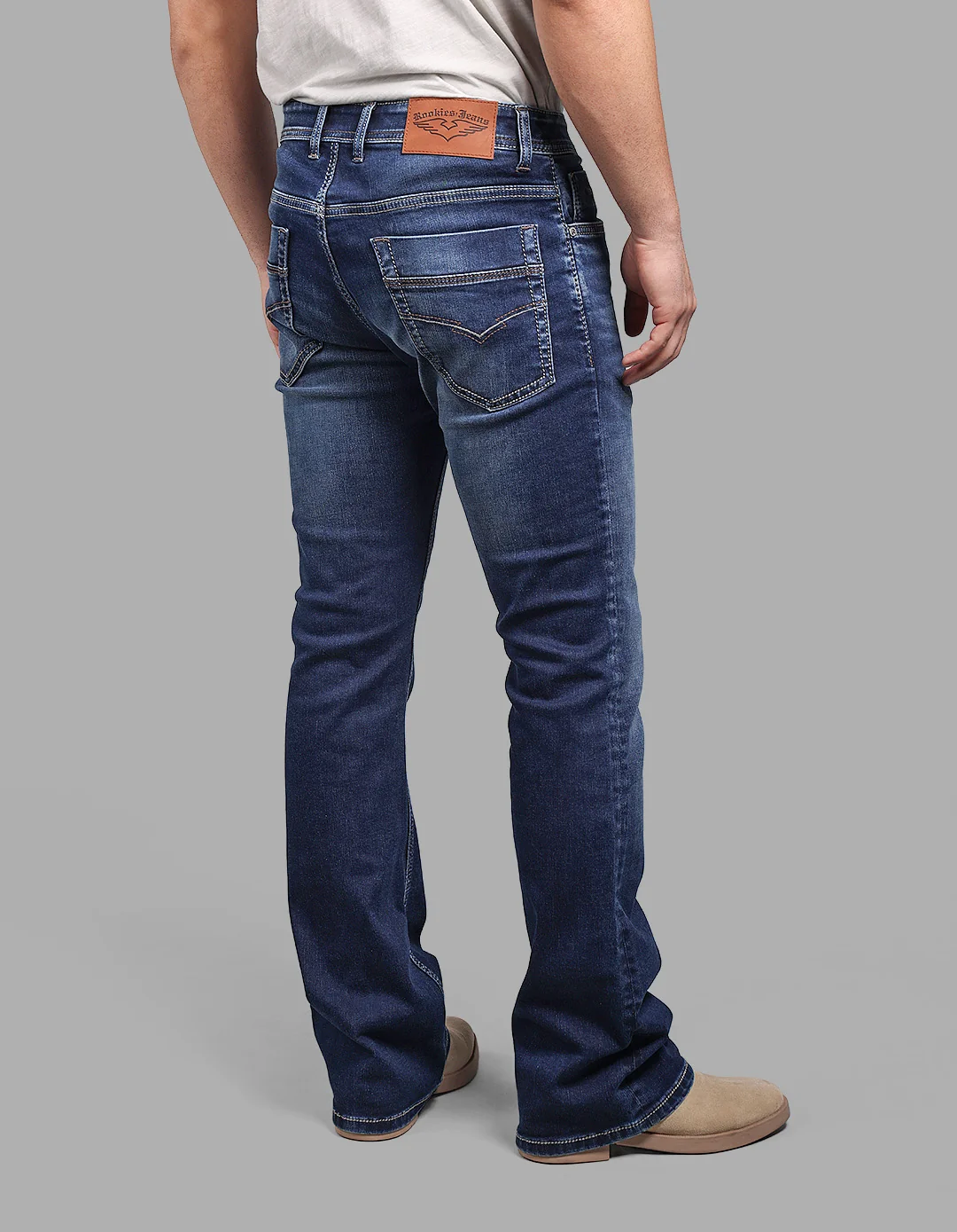 Med Blue Mid Rise Loose Boot Leg Stretch Jeans - Image 6