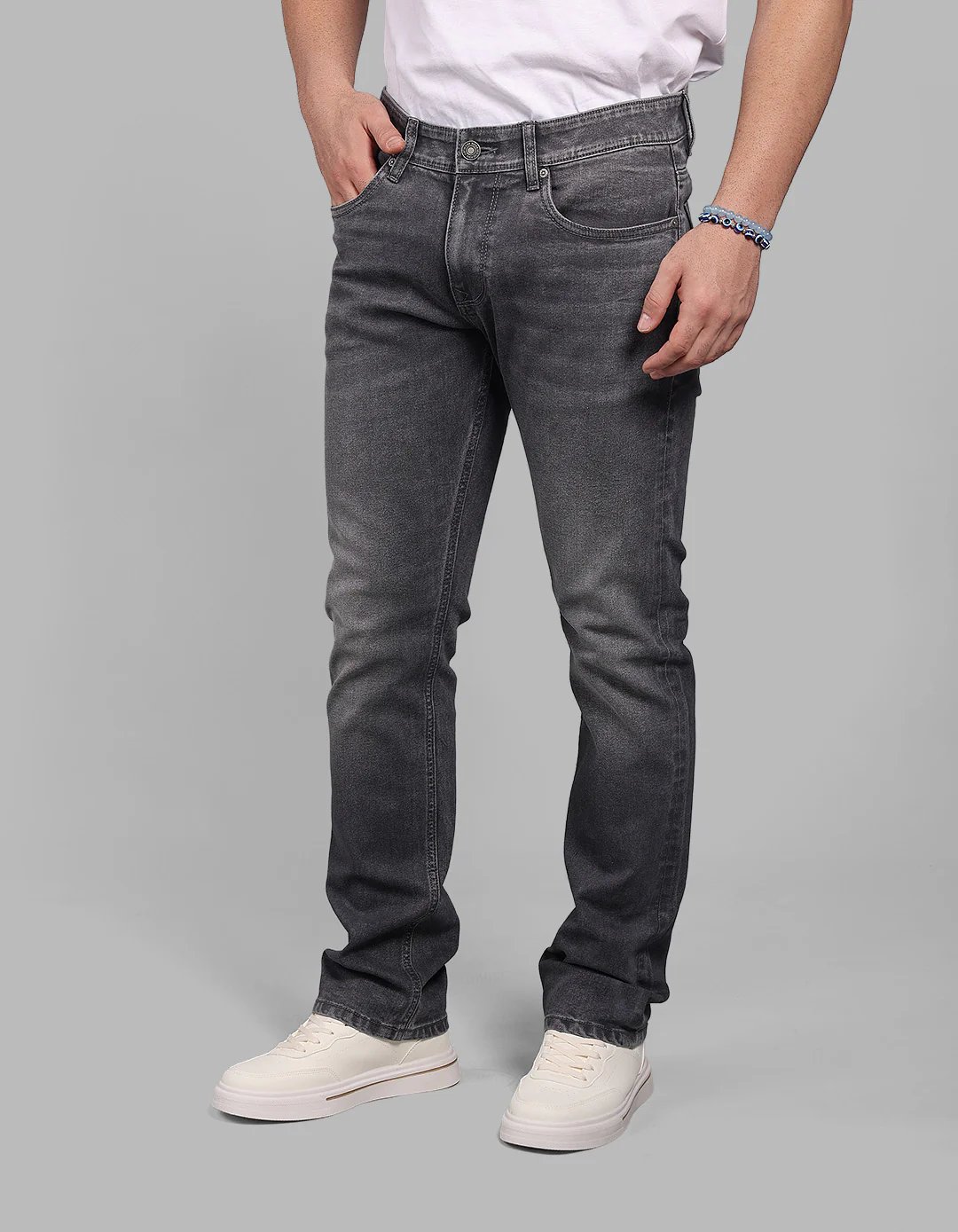 Med Grey Mid-Rise Slim Straight Fit Stretch Jeans - Image 3