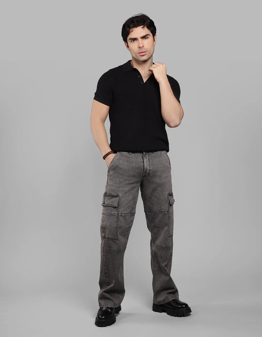 Med Grey Loose Fit Denim Cargo - Image 2