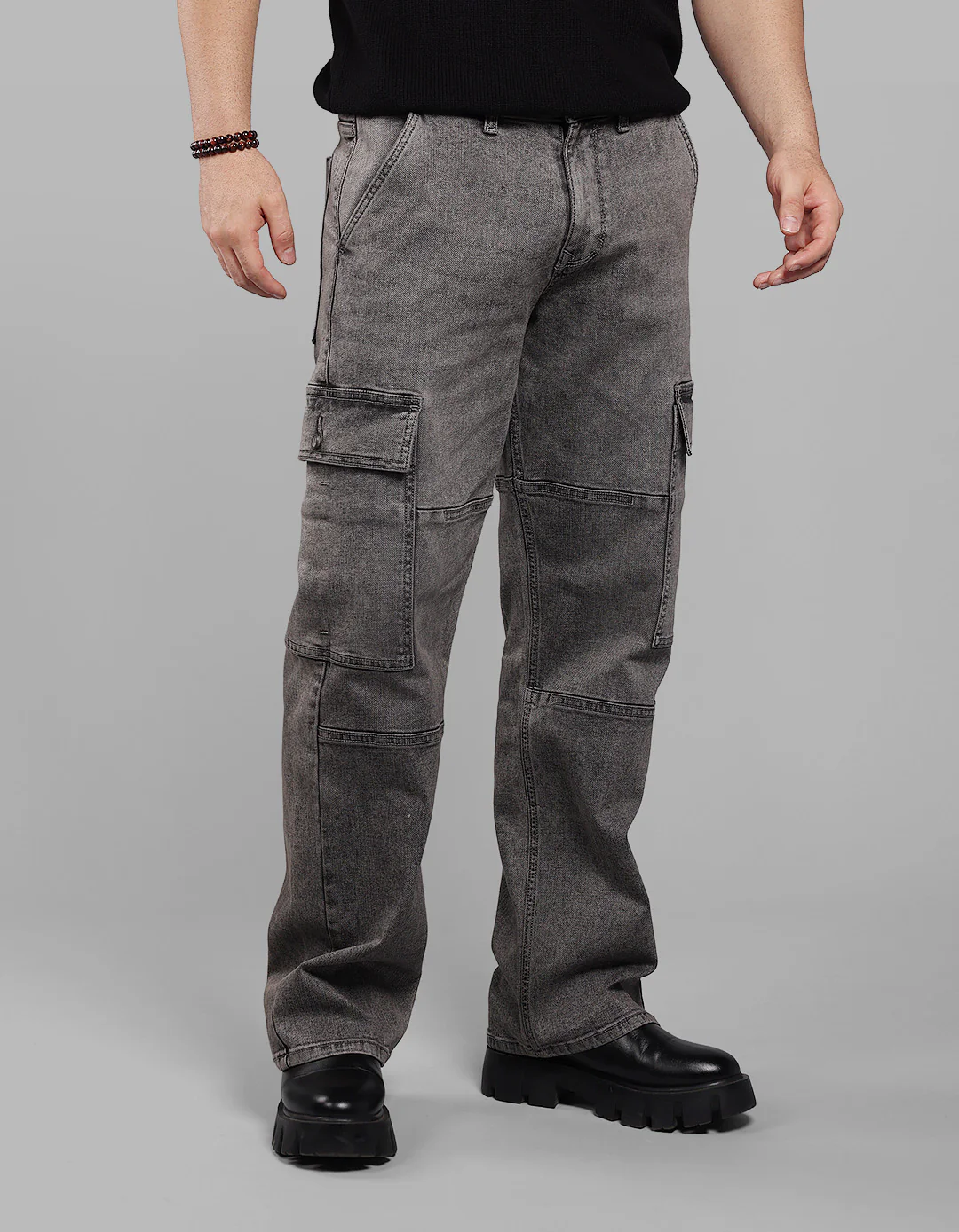 Med Grey Loose Fit Denim Cargo - Image 4